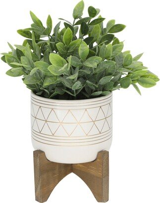 11 Artificial Tea Leaf in 5 Geo Ceramic Footed Pot on Wood Stand - White, Green-Plants