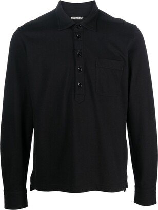Button-Front Long-Sleeved Polo Shirt-AD
