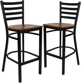 Emma and Oliver 2 Pack Black Ladder Back Metal Restaurant Barstool - Cherry Wood Seat