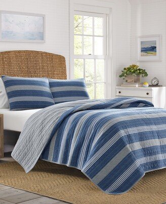 Saltmarsh Blue Cotton Reversible 3-Piece Quilt Set, Full/Queen