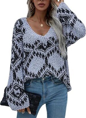 Akivide Women's Long Sleeve Geometric Print Sweaters Casual Oversized Sexy V Neck Pullover Chunky Knit Sweater
