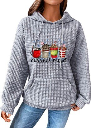 Generic Women's Hooded Sweatshirt Christmas Milk Tea Print Drawstring Plaid Fabric Pocket Sweatshirt Hoodies Women (Grey #1