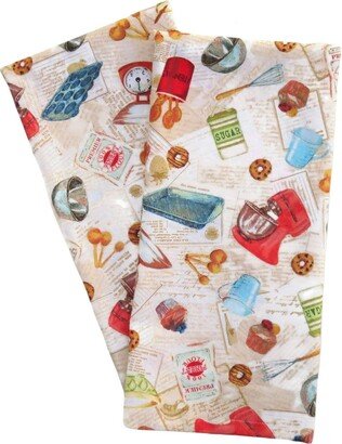 Novelty Cooking Themed Tea Towels, Set Of 2, in A Cute Cotton Print With Kitchen Gadgets, Utensils, Baking Supplies & Recipes