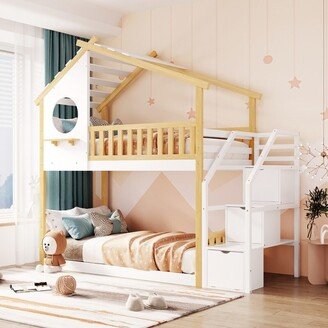 NOVABASA Twin-Over-Twin Stairway Bunk Bed for Kids Toddlers, Wood House Bunk Bed with Storage Guard Rail