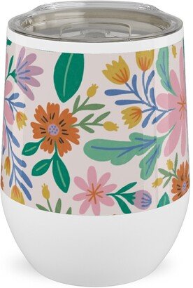 Travel Mugs: Happy Flowers - Pink Multi Stainless Steel Travel Tumbler, 12Oz, Pink