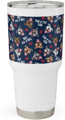 Travel Mugs: 100% Kiss A Bull - Cute Pit Bull Dog - Red And Blue Travel Tumbler, 30Oz, Blue