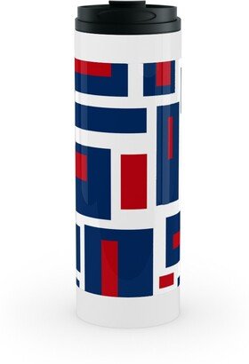 Travel Mugs: Geometric Rectangles In Red, White And Blue Stainless Mug, White, 16Oz, Blue