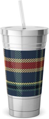 Travel Mugs: Navy Blue And Pine Plaid Stainless Tumbler With Straw, 18Oz, Multicolor