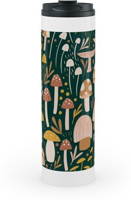 Travel Mugs: Woodland Mushroom Meadow - Green Stainless Mug, White, 20Oz, Green