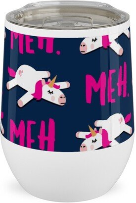 Travel Mugs: Meh - Splooting Unicorns - Pink On Navy Stainless Steel Travel Tumbler, 12Oz, Pink