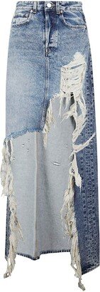 Destroyed-Effect Denim Maxi Skirt