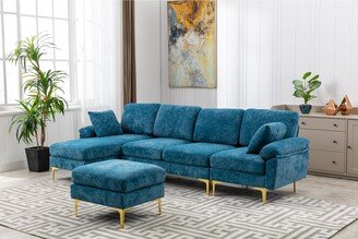 Calnod Living Room Sectional Sofa, L-Shaped Upholstered Couch with Movable Ottoman, Convertible Modular Sofa with Gold Metal Legs-AE