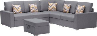 IGEMANINC 95.5 Linen Fabric 6Pc Reversible Sectional Sofa, Pillows, Storage Ottoman, Square Arm Sofa, For Living Room