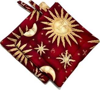 Quilted Pot Holders Sun & Moon, Set Of 2, Red & Gold, Alexander Henry