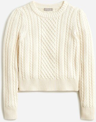 Cable-knit puff-sleeve crewneck sweater