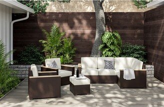 Palm Springs Brown Rattan Outdoor 4 Seat Sectional, Arm Chair Pair and Ottoman - 84 x 33 x 84