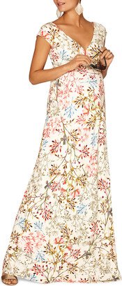 Maternity Leaf-Print V-Neck Cap-Sleeve Maxi Dress-AA