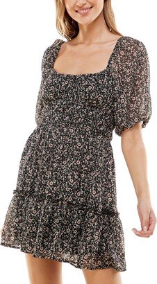 Juniors' Floral-Print Ruffled-Hem Open-Back Tiered Dress - Black/Burgundy Foral