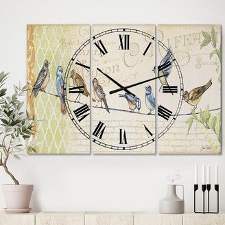 Designart 'Birds Gathered On Wire Paris III' Oversized Cottage Wall Clock - 3 Panels - 36 in. wide x 28 in. high - 3 Panels