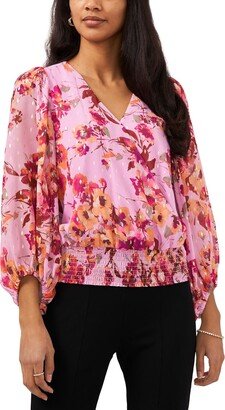 Petites Womens Metallic Floral Print Blouse