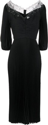 NISSA Puff-Sleeve Pleated Midi Dress