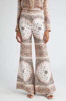 Paisley Print Belted High Waist Linen Wide Leg Pants