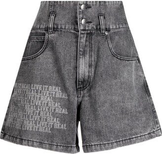 Slogan-Print High-Rise Denim Shorts