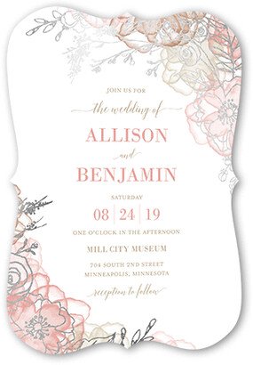 Wedding Invitations: Floral Fringe Wedding Invitation, Pink, Silver Foil, 5X7, Pearl Shimmer Cardstock, Bracket