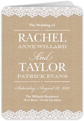 Wedding Program Cards: Burlap And Lace Wedding Program, Beige, 5X7, Matte, Folded Smooth Cardstock, Rounded