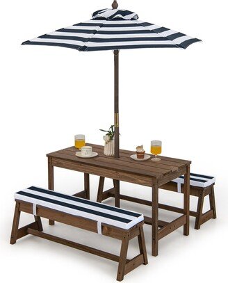 Kids Wood Picnic Table and Bench Set w/ Cushions Umbrella for