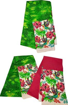 Hummingbirds & Flowers With Coral Pink Or Green 100% Cotton Fabric & Terry Cloth Towel Kitchen Hanging Towels Like A Scarf