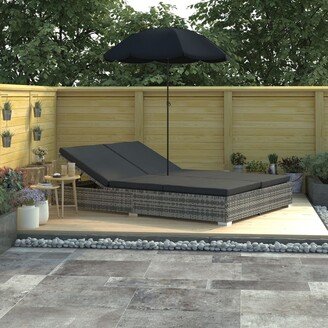 Patio Lounge Bed with Umbrella Poly Rattan Gray - 77.6 x 55.1 x 74.8