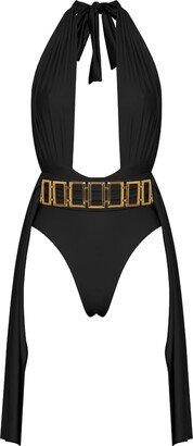Antoninias Plonger Bodysuit With Decorative Squera Belt In Black