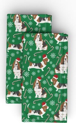 Cloth Napkins: Basset Hound Christmas Cloth Napkin, Longleaf Sateen Grand, Green