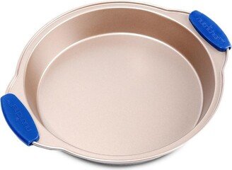 Non-Stick Round Pan - Deluxe Nonstick Gold Coating Inside & Outside with Blue Silicone Handles