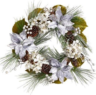 Silver Poinsettia, Hydrangea And Pinecones Artificial Christmas Wreath