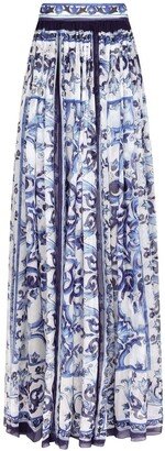 Majolica-print silk floor-length skirt