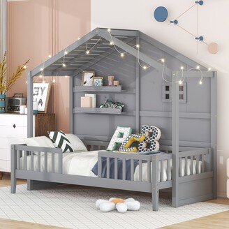 Aoolive House Bed with Shelves, Twin Size Montessori Beds with Window and Sparkling Light Strip on the Roof, Wooden Playhouse Bed Frame