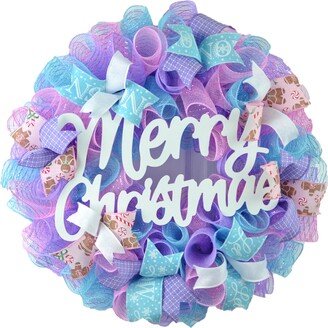 Turquoise Door Wreath, Merry Christmas Pastel Decor, Outdoor Front Pink Purple White Gingerbread