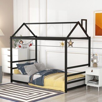 TOSWIN Modern and Imaginative Twin Size Metal House Platform Bed with Roof and Chimney Design, Easy Assembly, Black