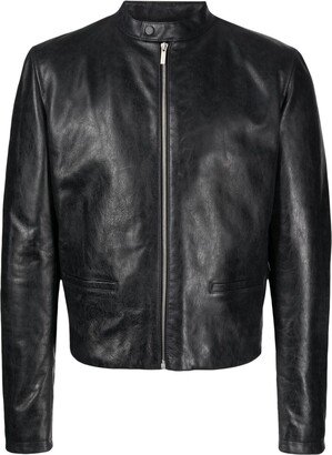 Band-Collar Leather Jacket-AB