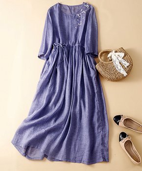 Purple Embroidered Linen-Blend Midi Dress - Women & Plus
