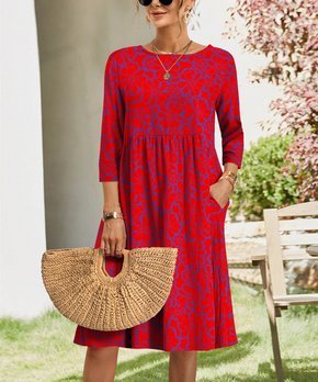 Sapphire Blue & Red Floral Three-Quarter Sleeve Dress - Women & Plus