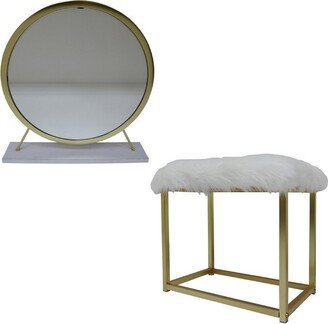 Rose Round Vanity Mirror with Stool, Faux Fur Seat, Brass, White