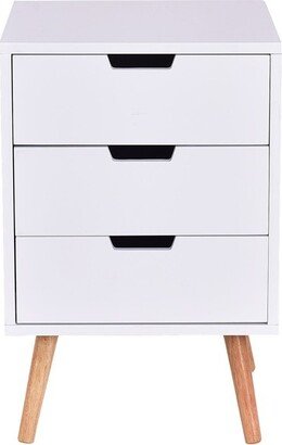White Side End Table Nightstand w/ 3 Drawers Mid-Century Accent Wood Furniture