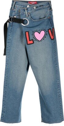 Graphic-Print Cropped Denim Trousers