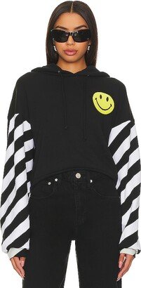 Caution Stripe Sleeve Smiley Relaxed Hoodie