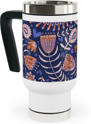 Travel Mugs: Swedish Folk Art Birds - Blue Travel Mug With Handle, 17Oz, Blue
