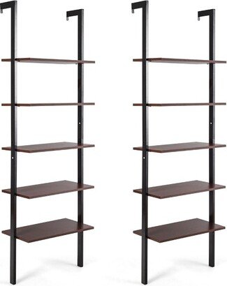 Tangkula 2PCS 5-Tier Ladder Shelf Wood Wall Mounted Display Bookshelf Metal Frame Black & Brown