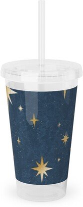 Travel Mugs: Art Deco Starbursts - Blue Acrylic Tumbler With Straw, 16Oz, Blue